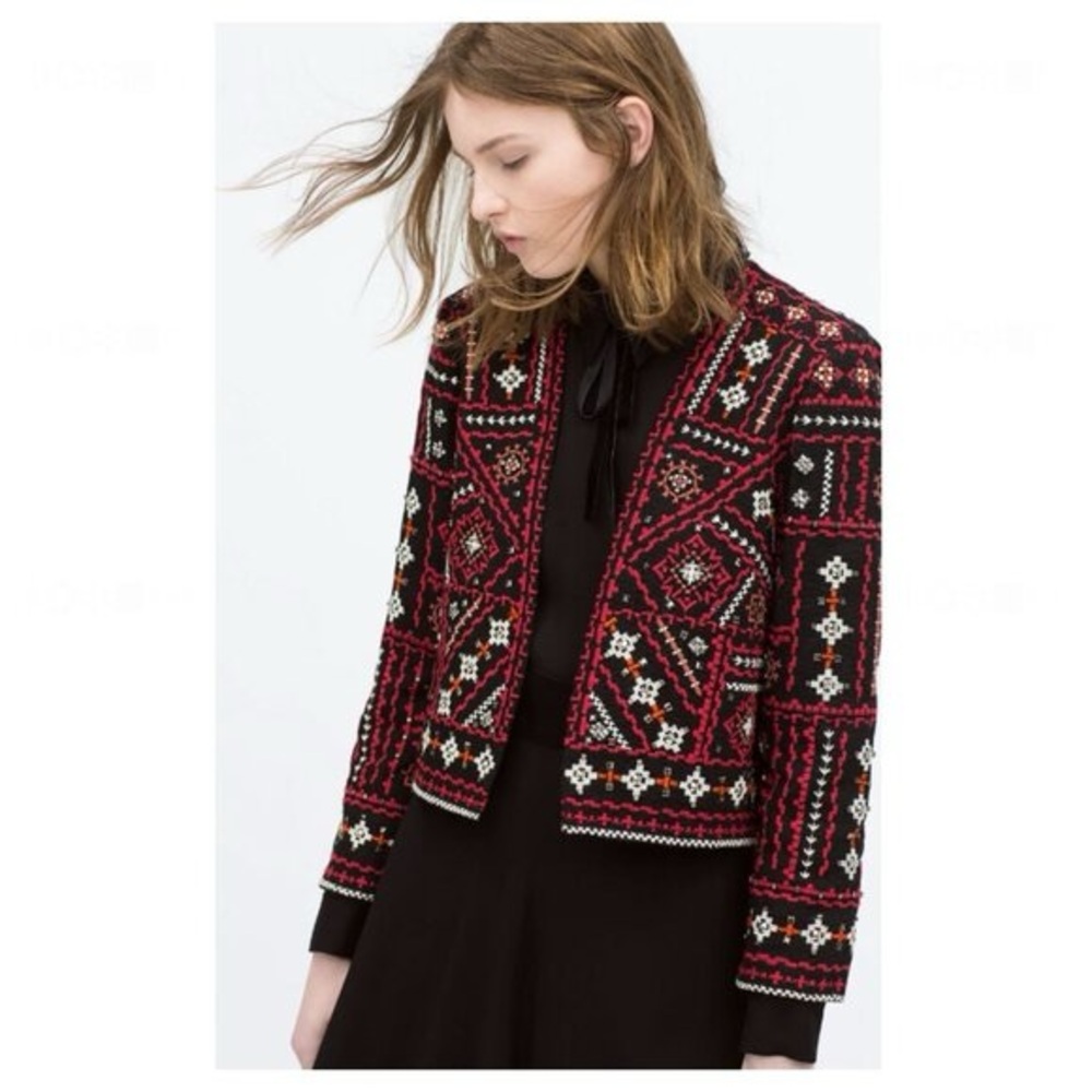 ZARA Ethnic Boho Embroidered Jacket Red Black Beaded Embellished Medium - Picture 16 of 16